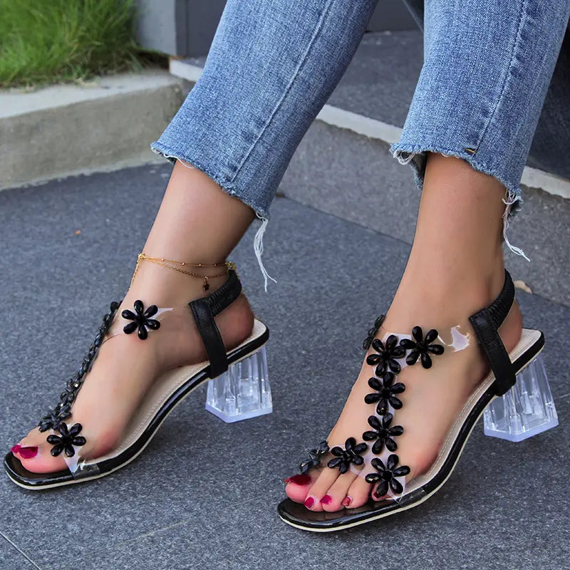 Fiona - Orthopädische Sandalen mit Blockabsatz mit Blumen- & Strasssteinen Design