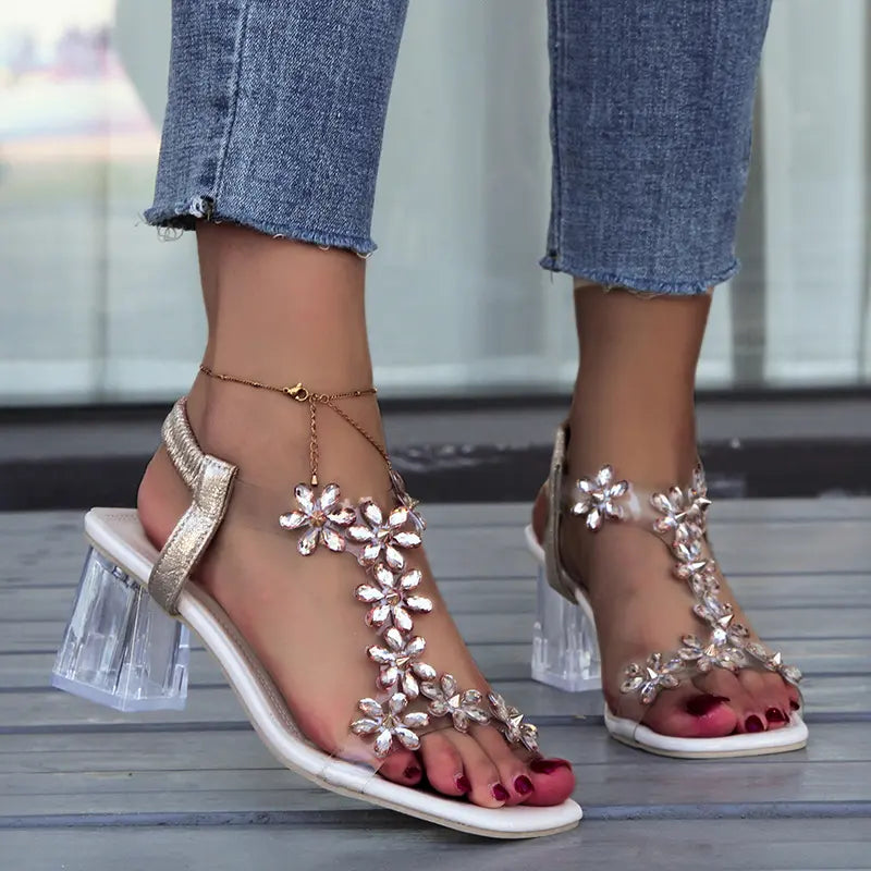 Fiona - Orthopädische Sandalen mit Blockabsatz mit Blumen- & Strasssteinen Design